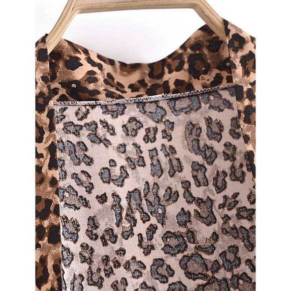 Brown Tan Leopard Animal Print Open Kimono Duster Coverup Wrap Robe Casual - Picture 5 of 8